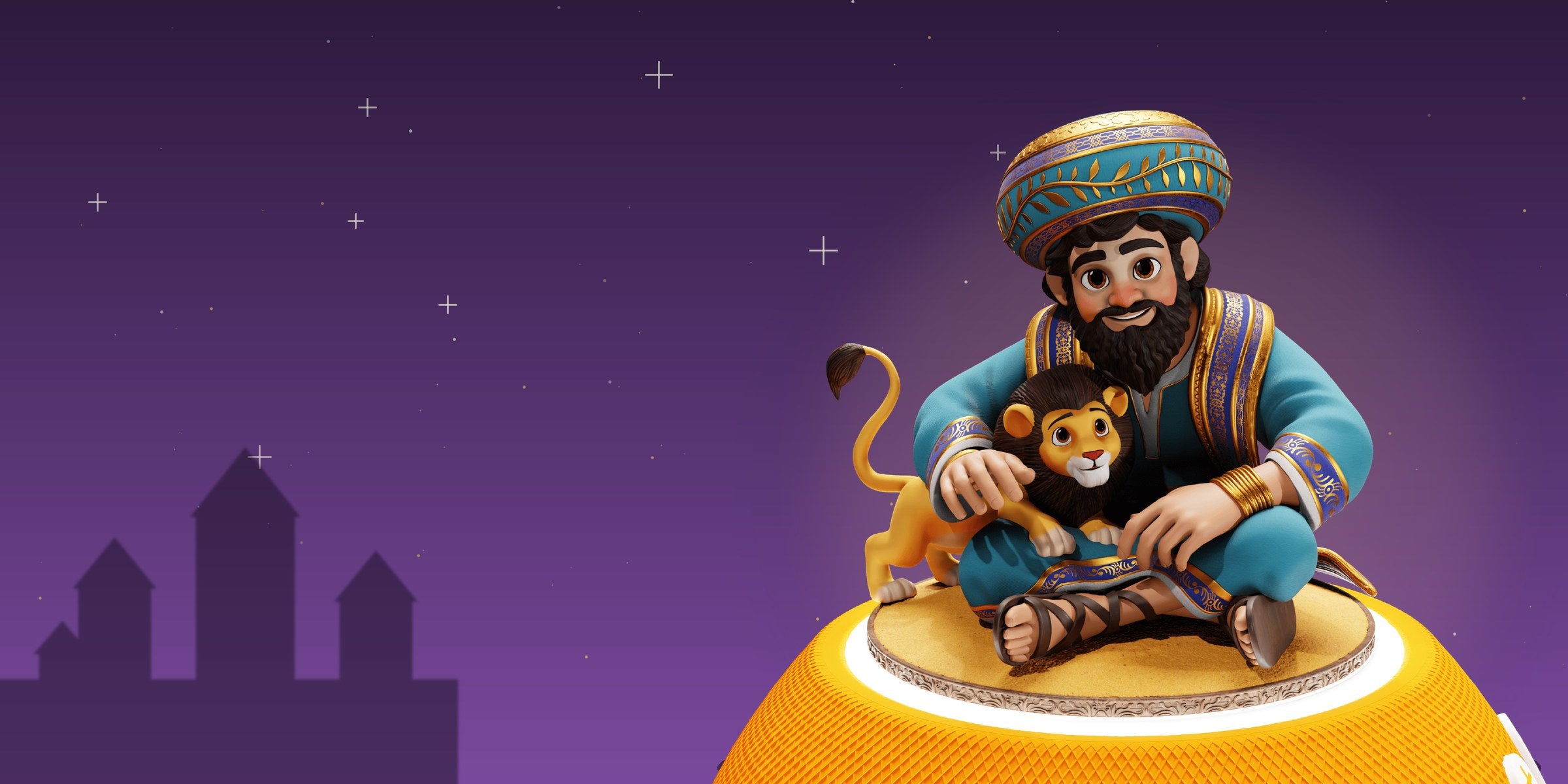 Figurine Daniel et son lion posée sur l'enceinte Jew'Box, devant la silhouette d'un palais de Babylone