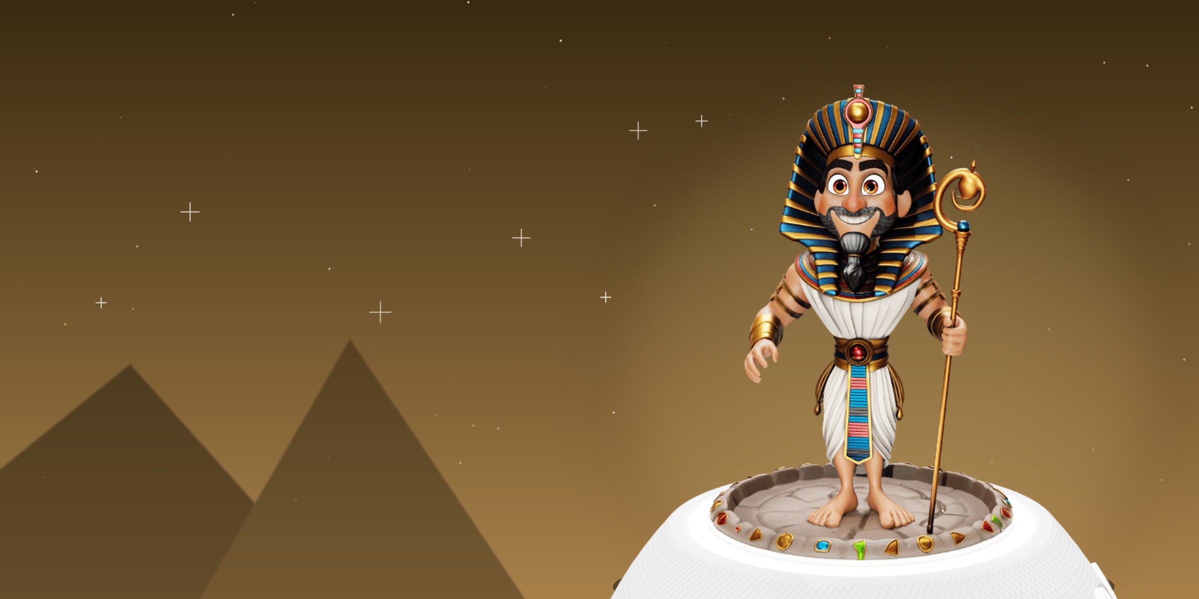 Figurine Moché (Partie I) de JEW'KIDS posée sur l'enceinte Jew'Box, devant un décor doré évoquant l'Égypte et le mont Sinaï