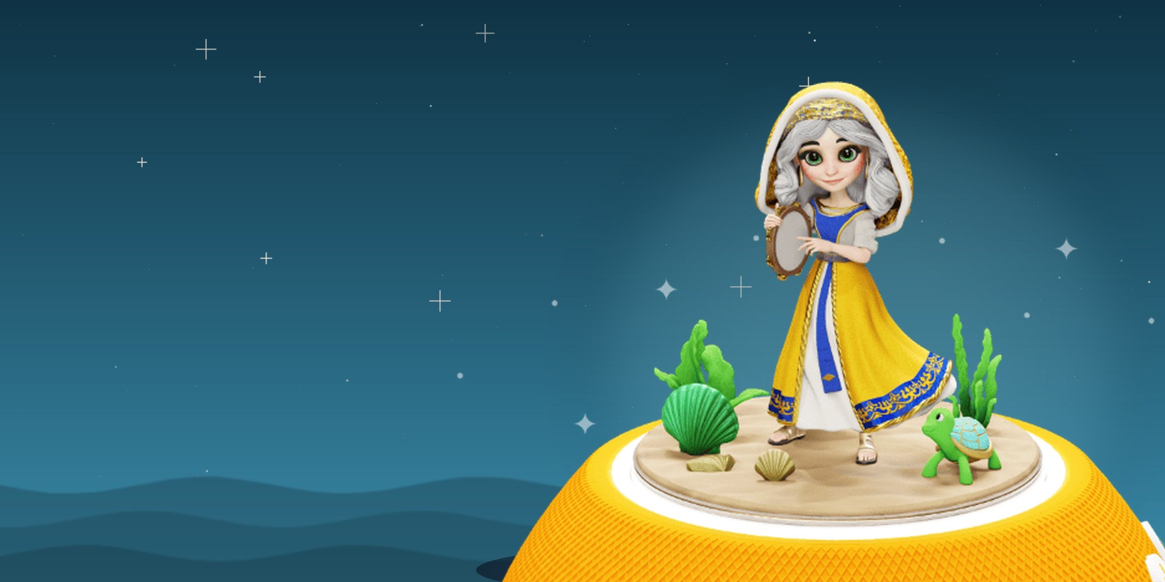 Figurine Miryam au tambourin sur l'enceinte Jew'Box, devant une mer étoilée — bannière de l'article L'histoire de Miryam