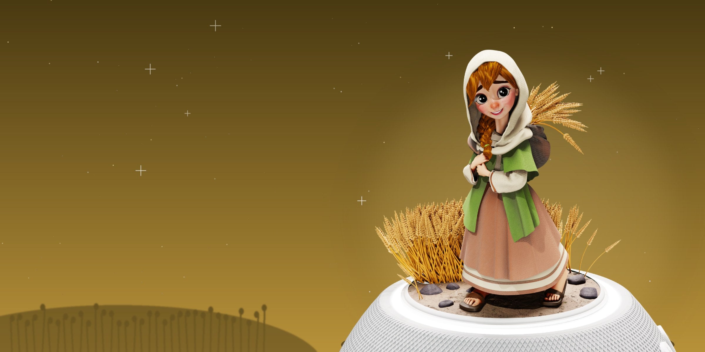 Figurine Ruth portant des gerbes d'orge sur l'enceinte Jew'Box, devant un champ doré sous les étoiles