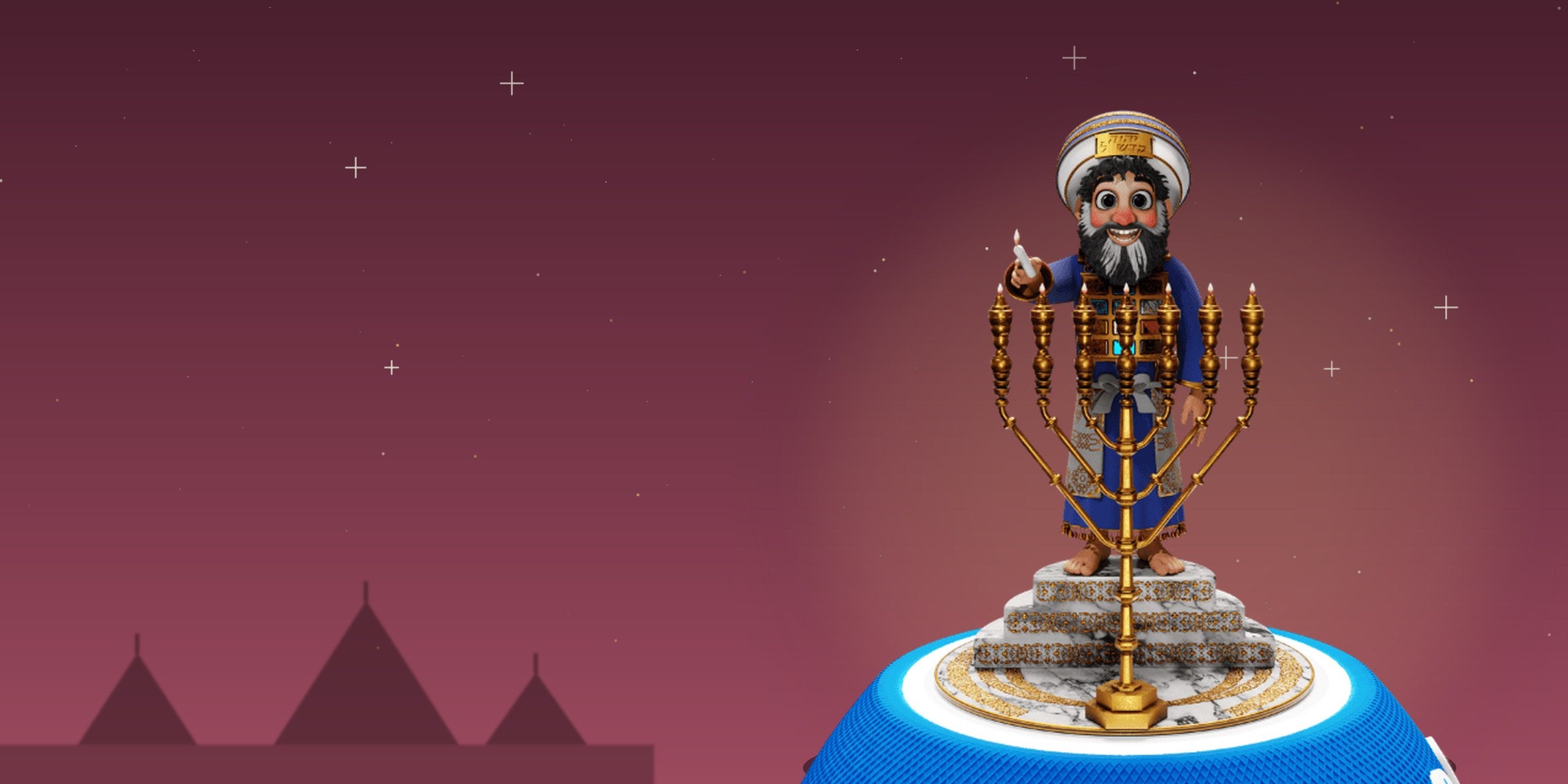 Figurine Aharon le Cohen Gadol sur l'enceinte Jew'Box, devant un ciel étoilé et des tentes dans le désert