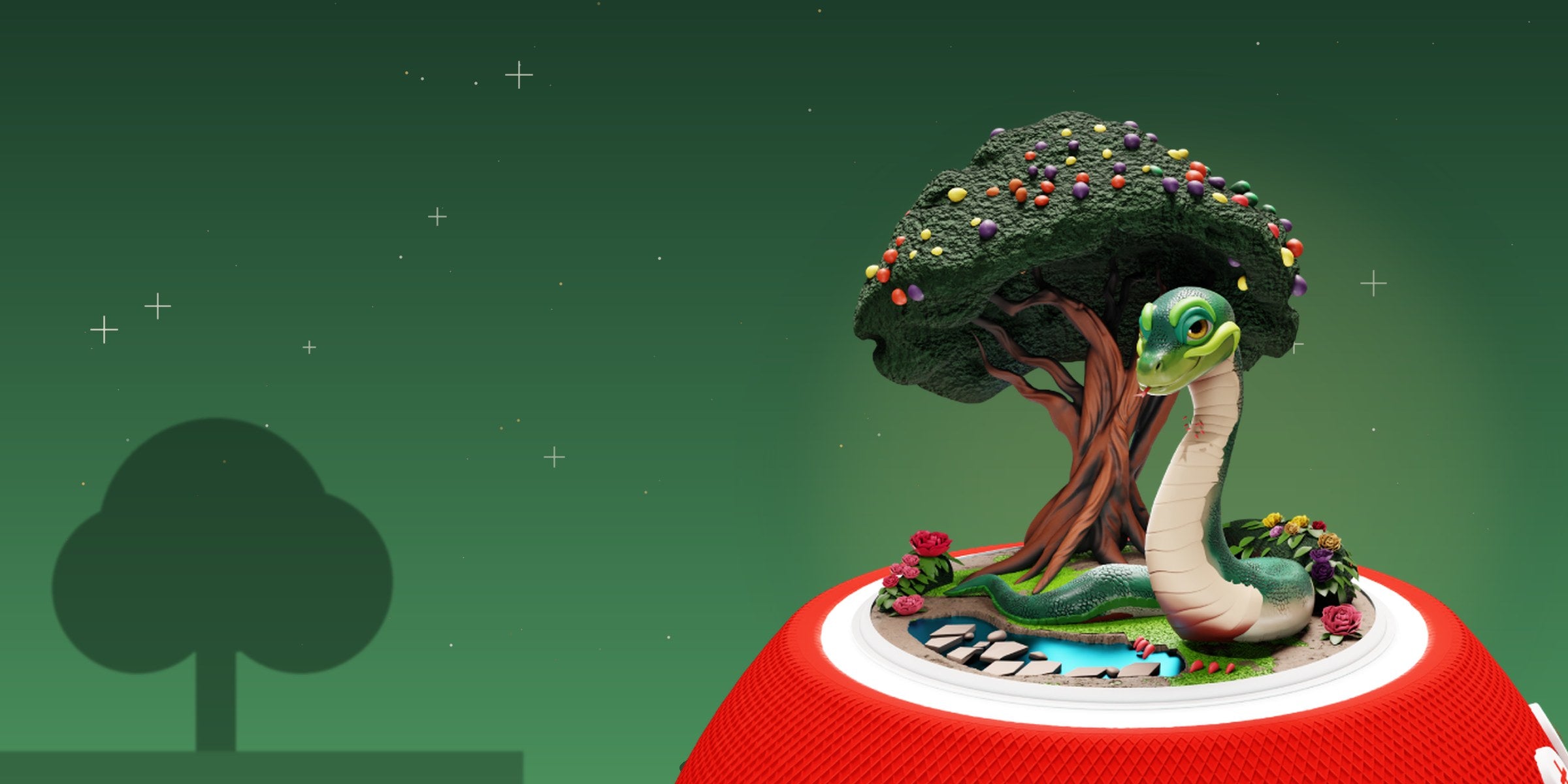 Figurine JEW'KIDS Adam & 'Hava : l'arbre du Jardin d'Eden et le serpent posés sur l'enceinte Jew'Box, sur fond vert étoilé