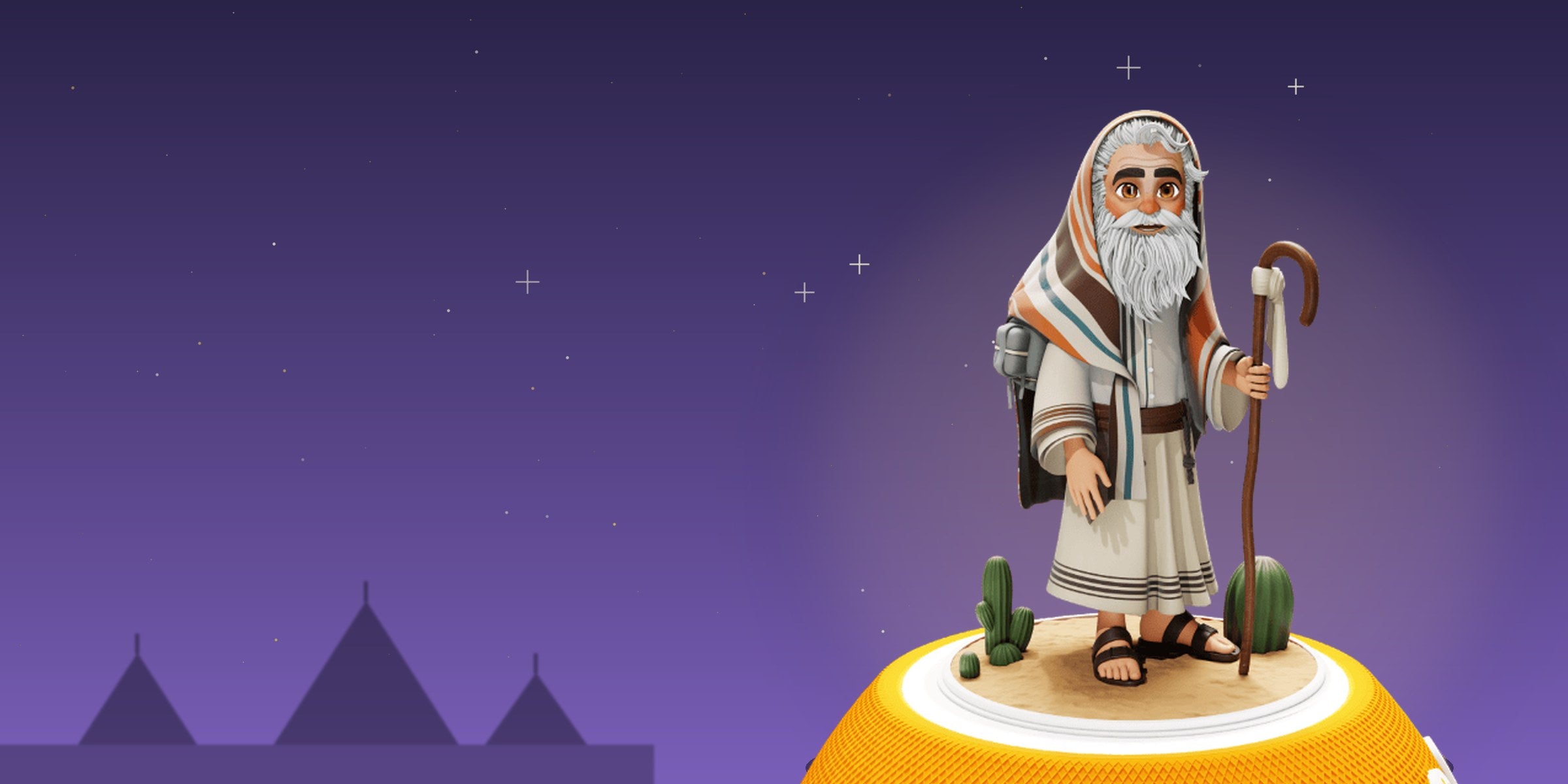 Figurine Avraham posée sur l'enceinte Jew'Box, sur fond violet étoilé avec des silhouettes de tentes