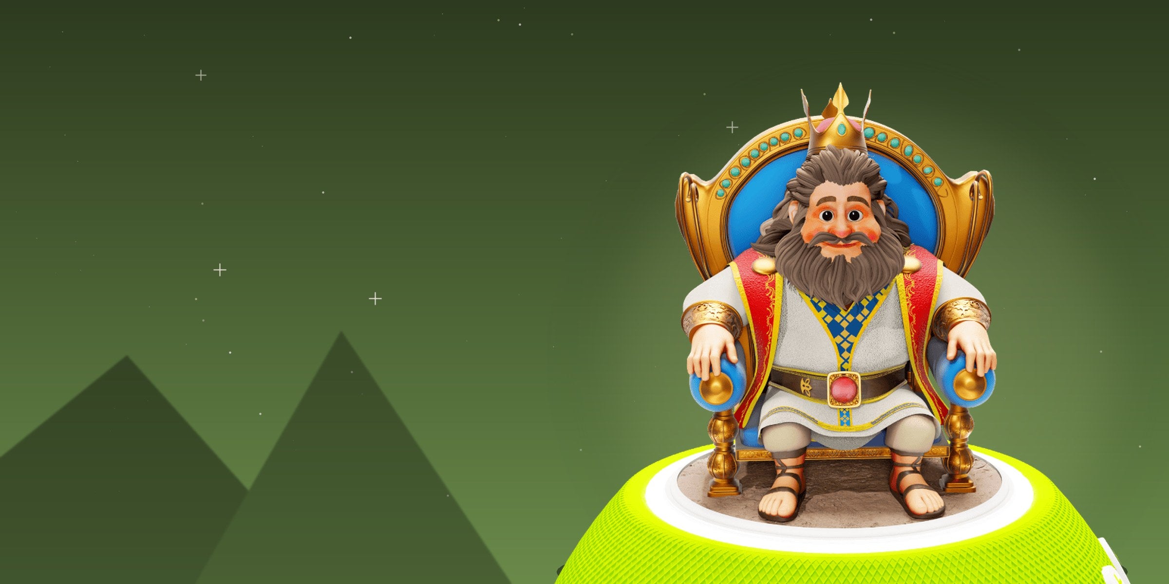Figurine Chaoul, le premier roi d'Israël, assis sur son trône posé sur l'enceinte Jew'Box, devant un paysage de montagnes vertes