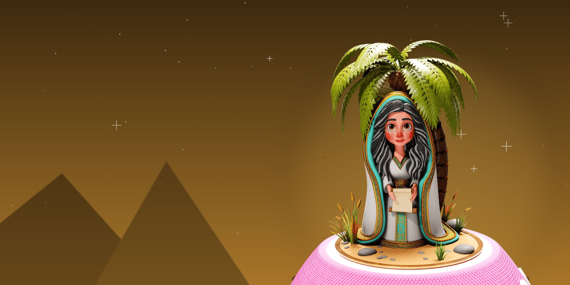 Figurine Dévorah & Yaël assise sous son palmier sur l'enceinte Jew'Box, devant un ciel doré et des silhouettes de montagnes