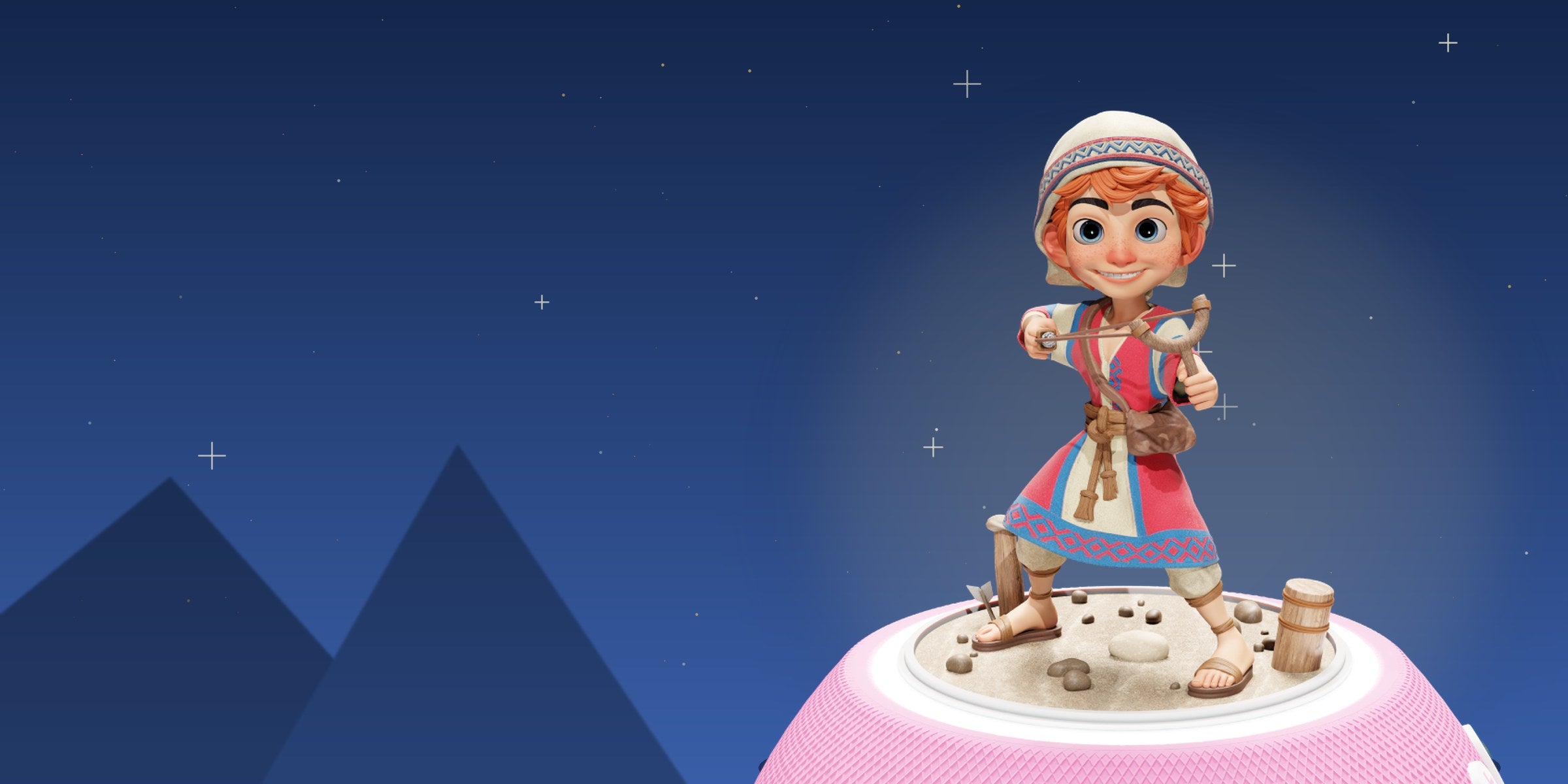 Figurine David, jeune berger à la fronde, posée sur l'enceinte Jew'Box devant un ciel étoilé et des montagnes