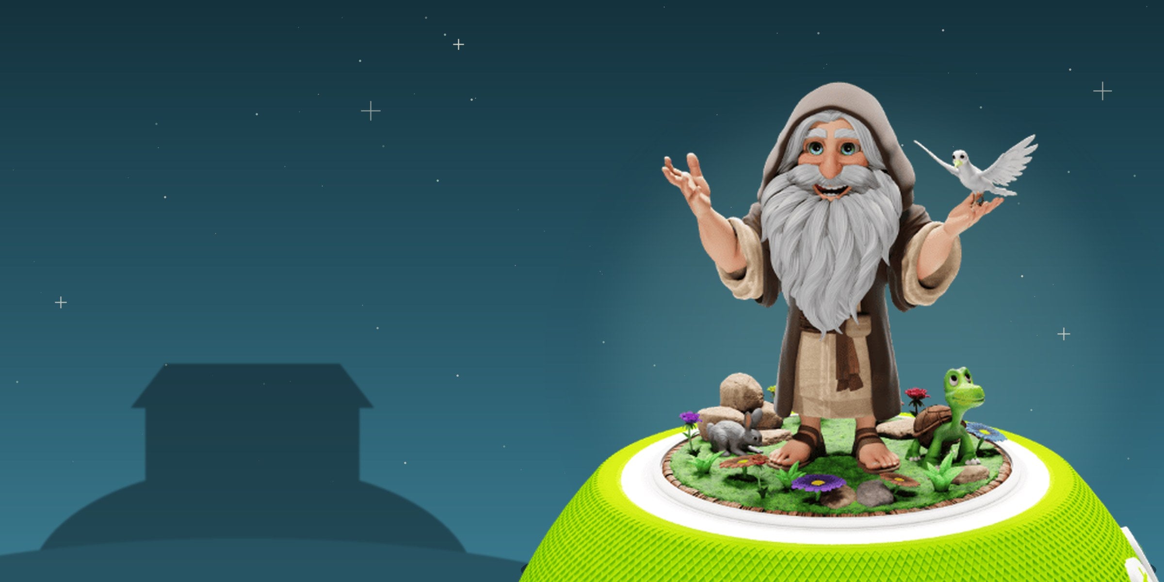 Figurine Noa'h (Noé) JEW'KIDS sur l'enceinte Jew'Box, devant la silhouette de l'arche sous un ciel étoilé