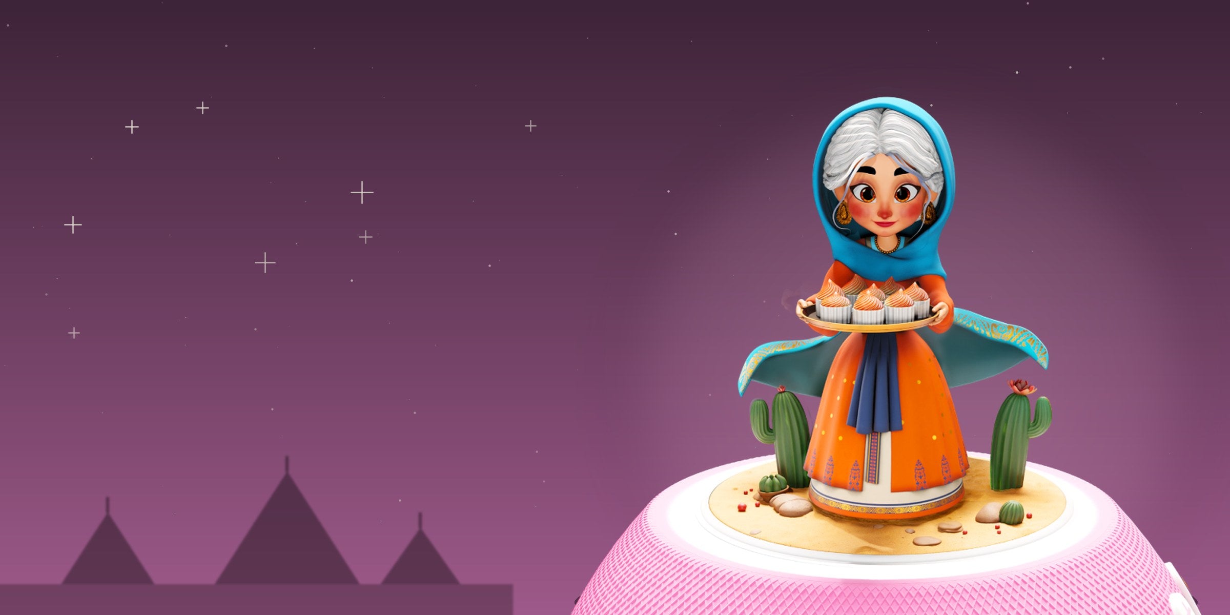 Figurine Sarah de JEW'KIDS posée sur l'enceinte Jew'Box, sous un ciel étoilé aux silhouettes de tentes