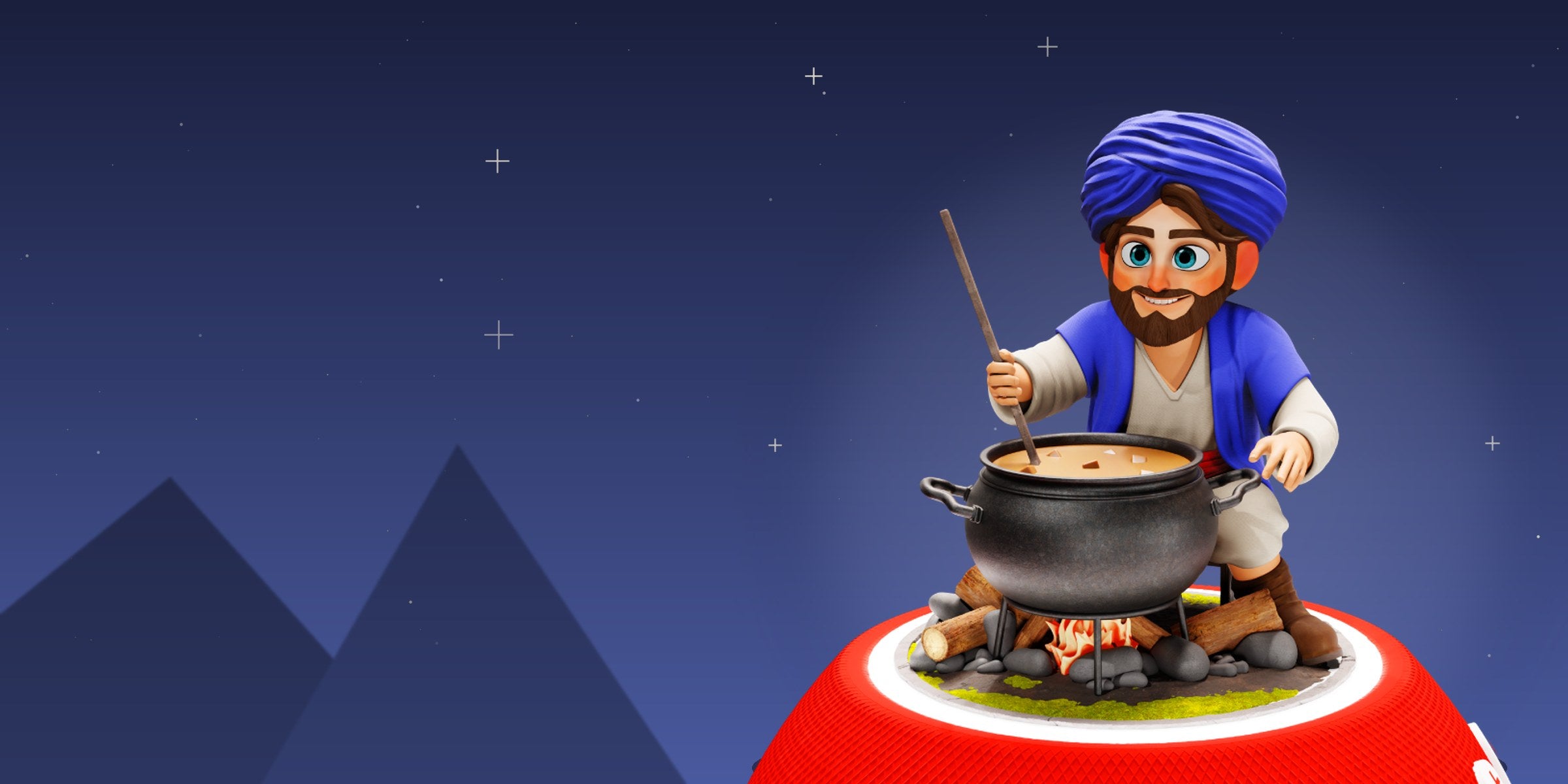 Figurine Ya’akov JEW’KIDS remuant une marmite de lentilles sur l’enceinte Jew’Box, devant un ciel étoilé et des montagnes