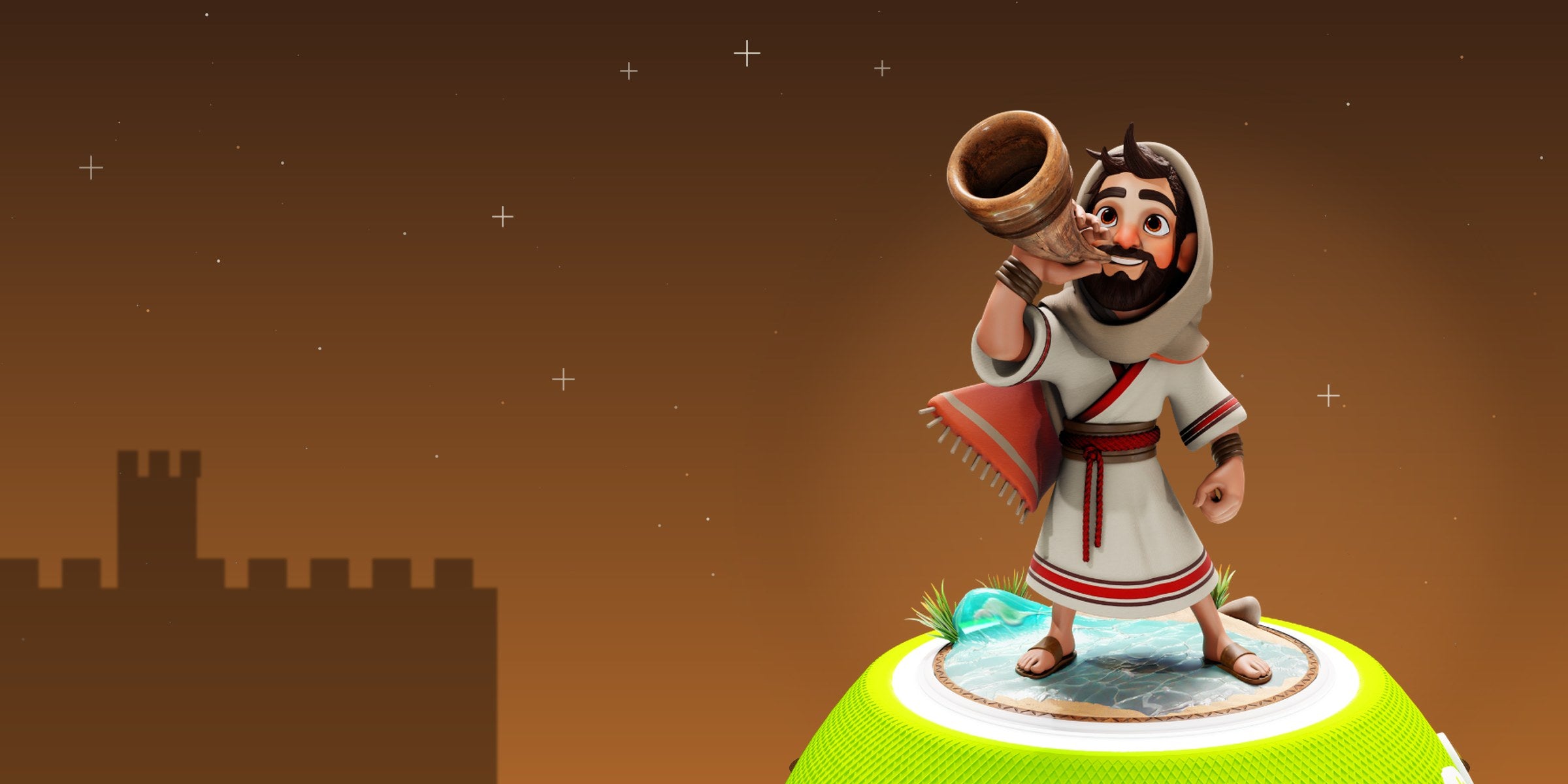 Figurine Yéhochoua' (Josué) sonnant le chofar sur l'enceinte Jew'Box, devant la silhouette des murailles de Yéri'ho