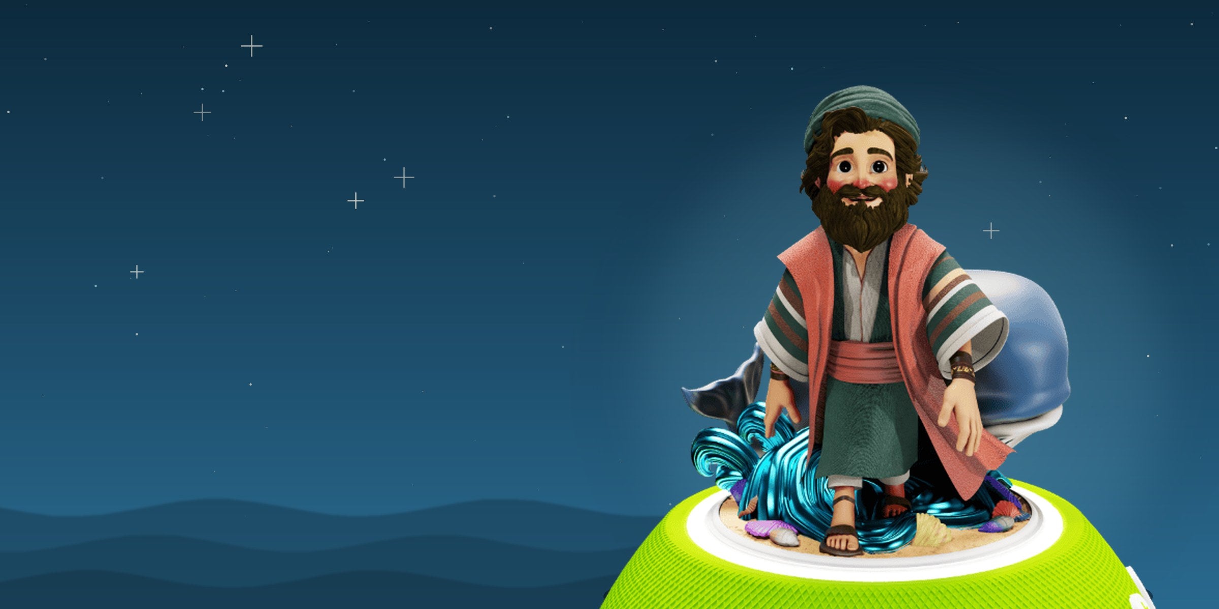 Figurine Yona JEW'KIDS avec la baleine sur l'enceinte Jew'Box, devant une mer étoilée