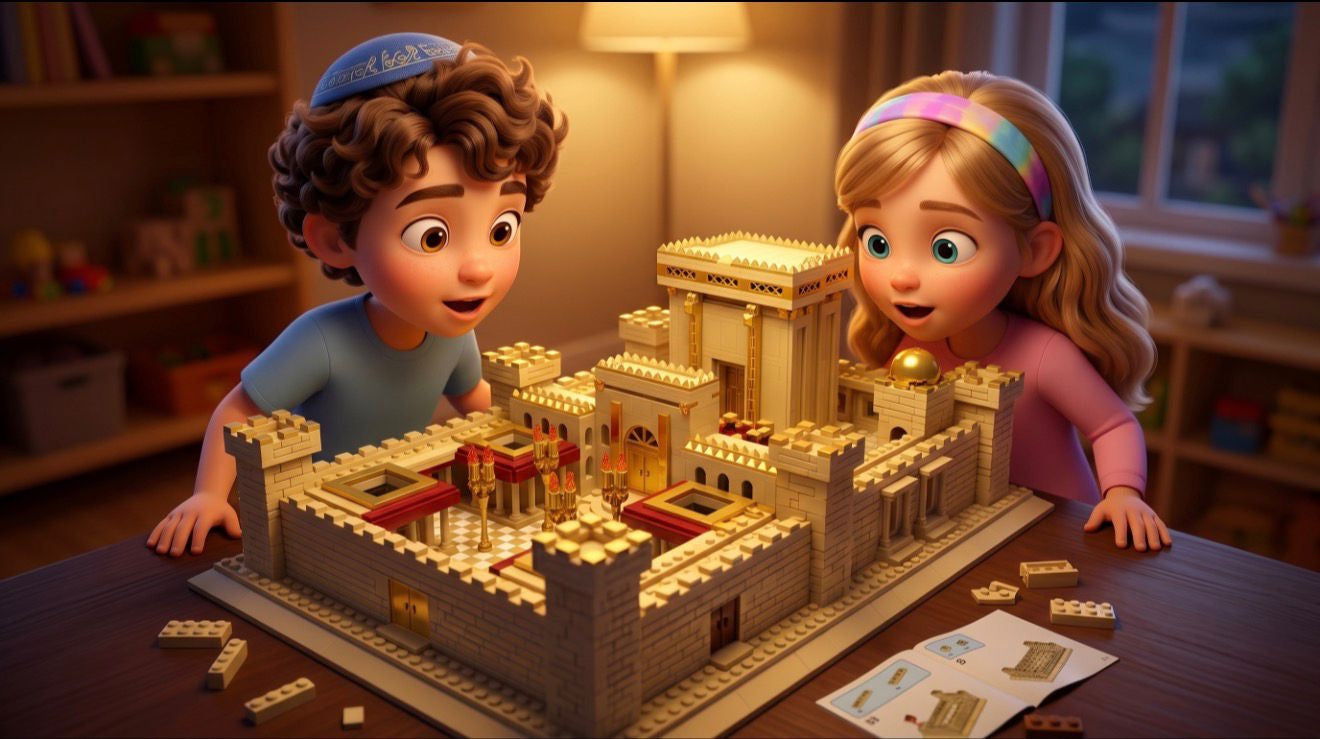 Deux enfants émerveillés devant le Temple Beth Hamikdash construit