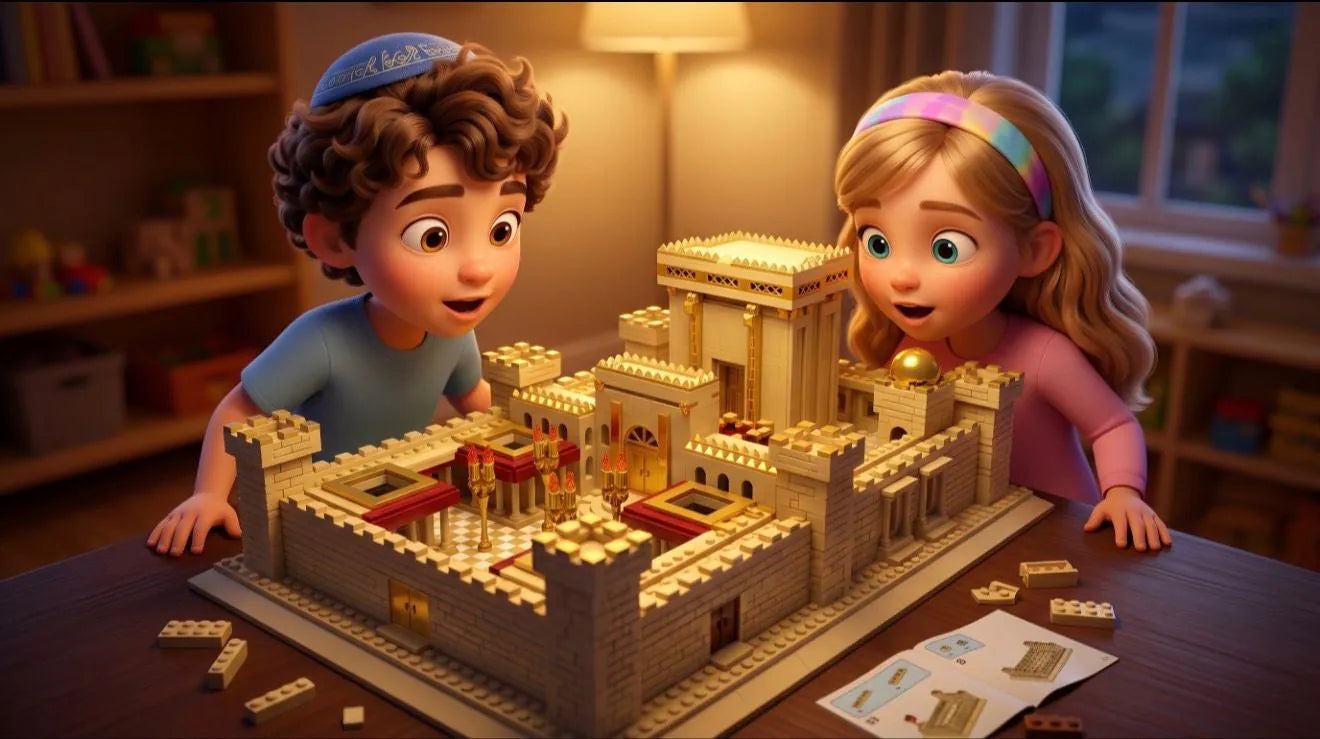 Deux enfants émerveillés devant le Temple Beth Hamikdash construit